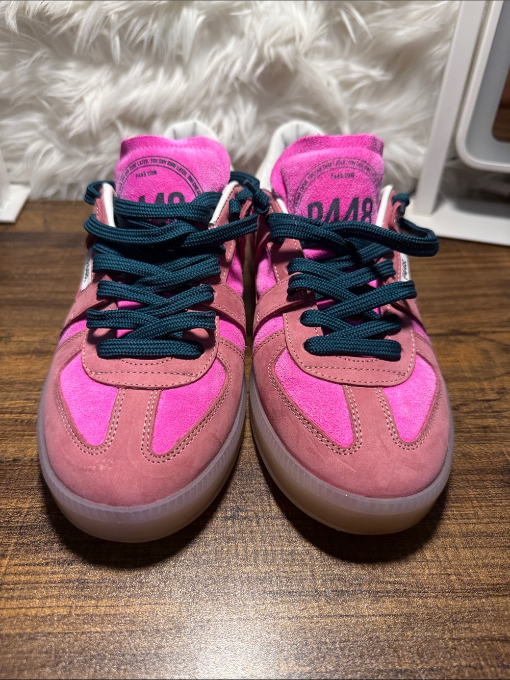 P448 Women's Pink Suede & Mesh Sneakers with Dark Teal Laces